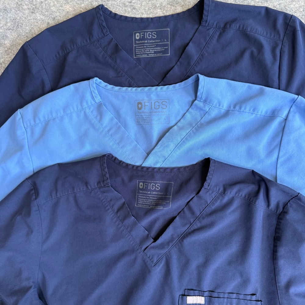Lot of 3 FIGS Technical Collection Large Leon V-Neck Scrub Tops Navy Light Blue